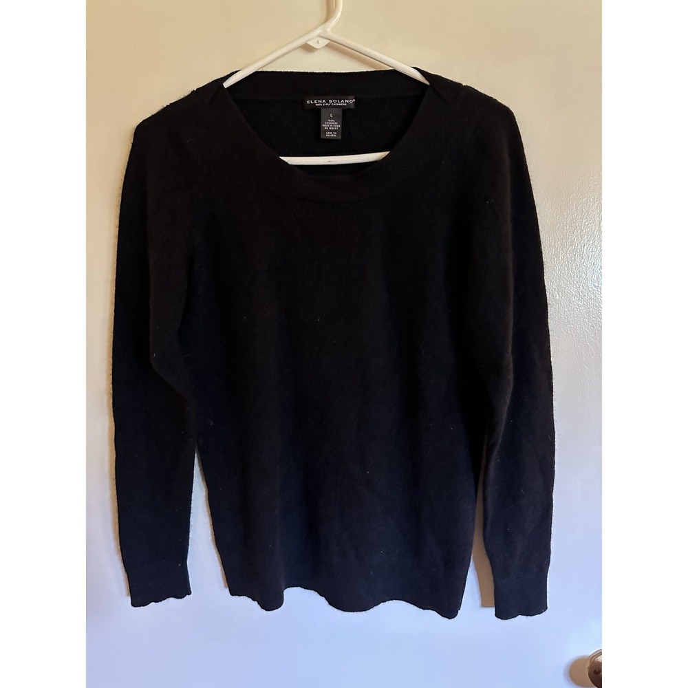 ELENA SOLANO Womens L 100% Cashmere Pullover Sweater Black 2Ply EC